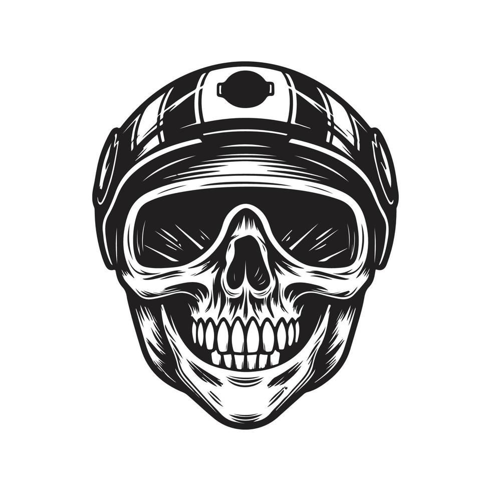 cranio motociclista indossare casco, logo concetto nero e bianca colore, mano disegnato illustrazione vettore