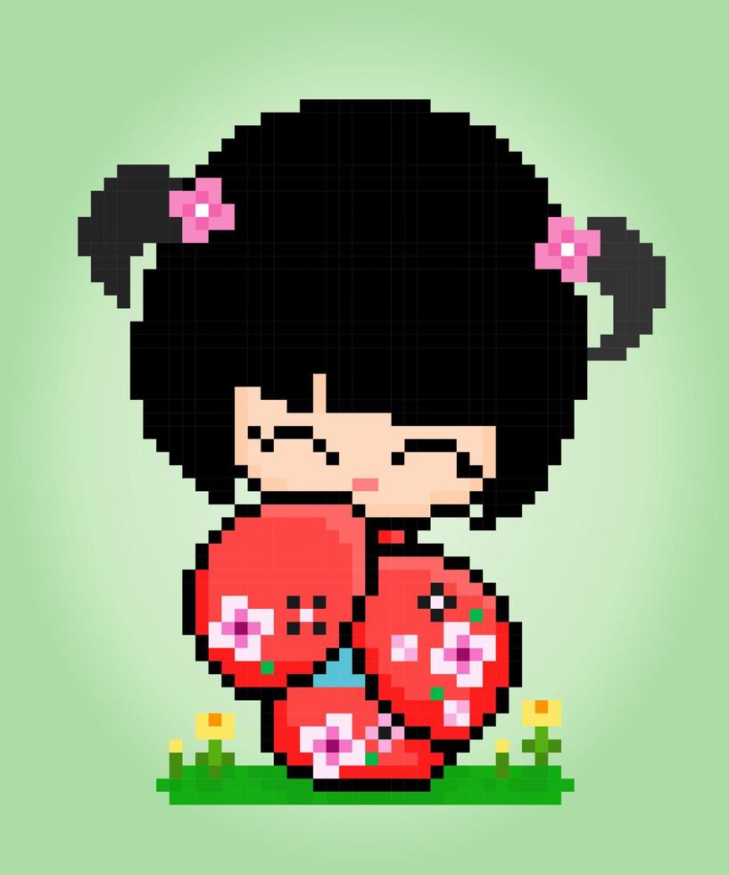 Le donne con personaggi a 8 bit pixel indossano un abito kimono. pixel di ragazze adulte in illustrazioni vettoriali per risorse di gioco o schemi a punto croce.