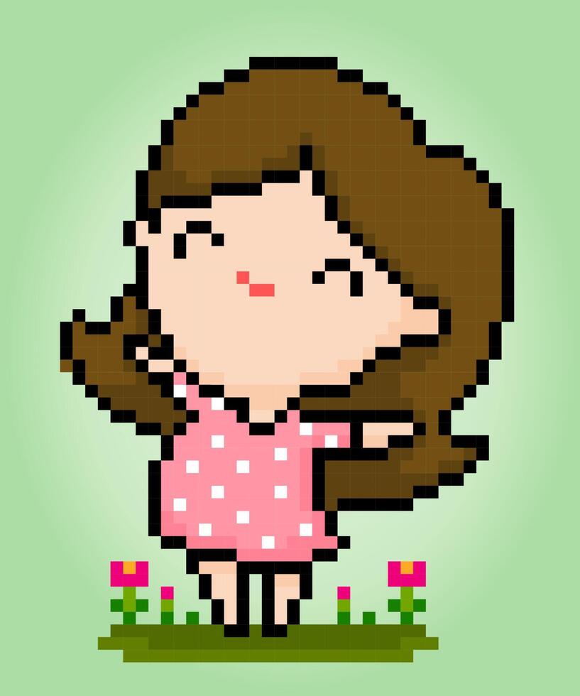 8 po pixel contento ragazze. Da donna cartoni animati nel vettore illustrazioni.