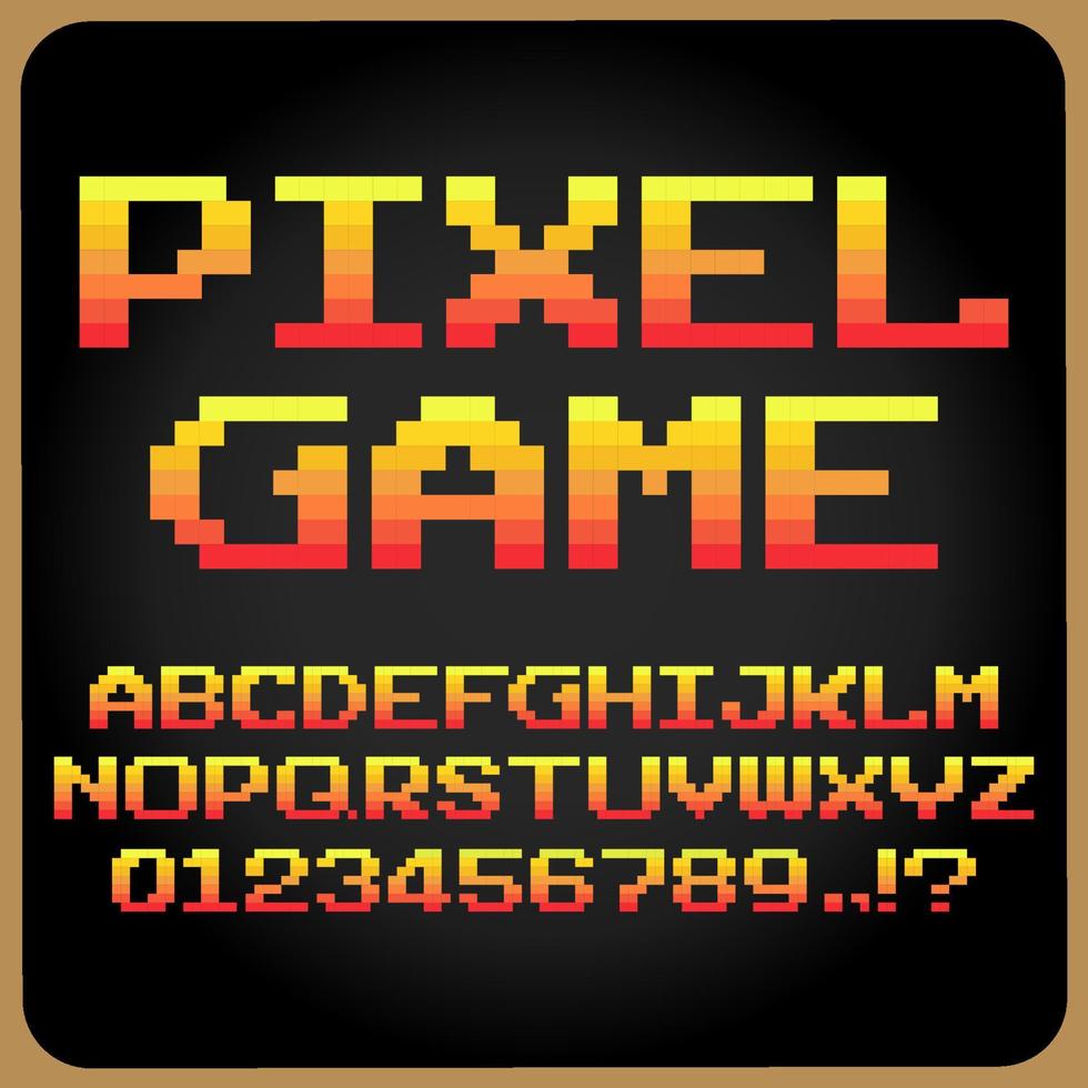 Alfabeto di pixel a 8 bit. caratteri o tipi di lettere moderni ed eleganti per titoli o titoli come poster, layout, giochi, siti Web o stampa. vettore