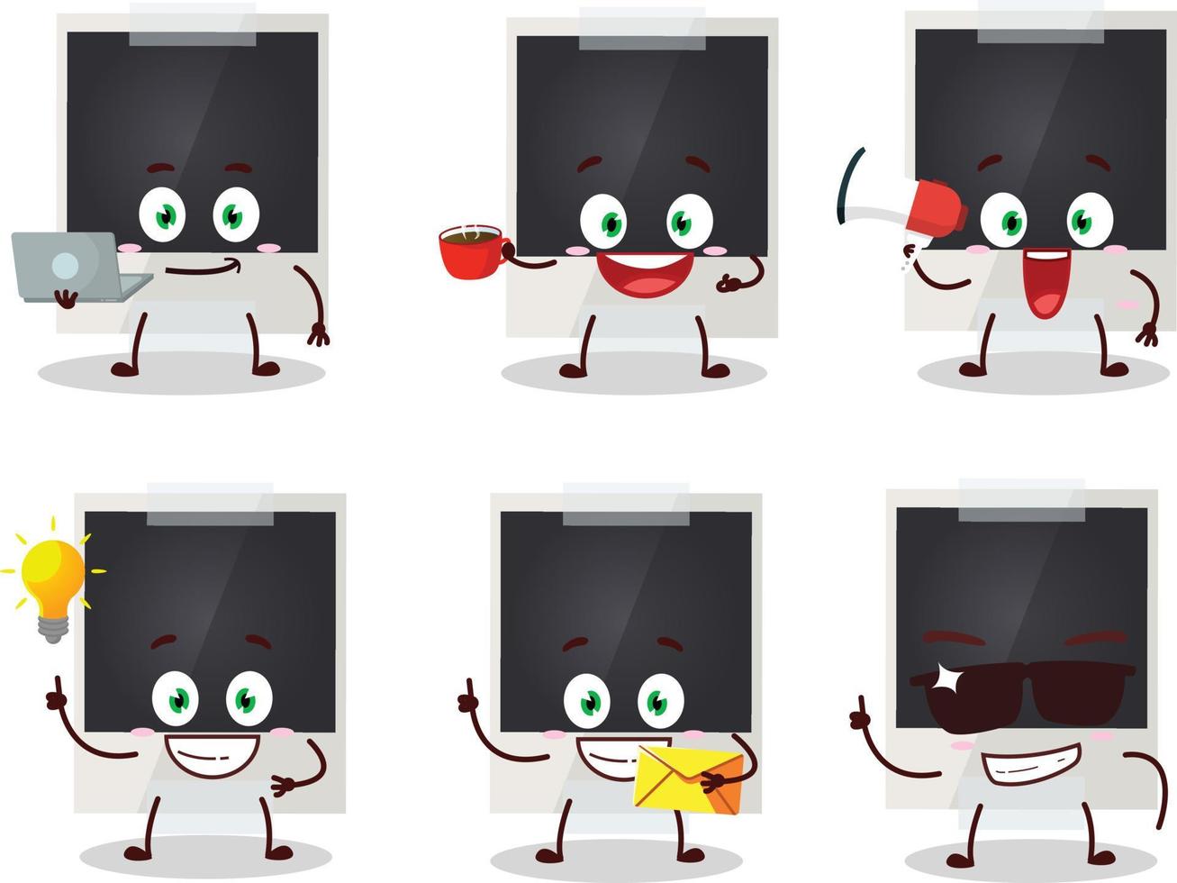 nero polaroid cartone animato personaggio con vario tipi di attività commerciale emoticon vettore