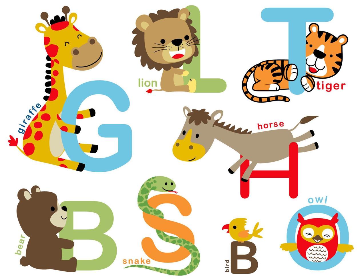 gruppo di animali cartone animato con alfabeti vettore