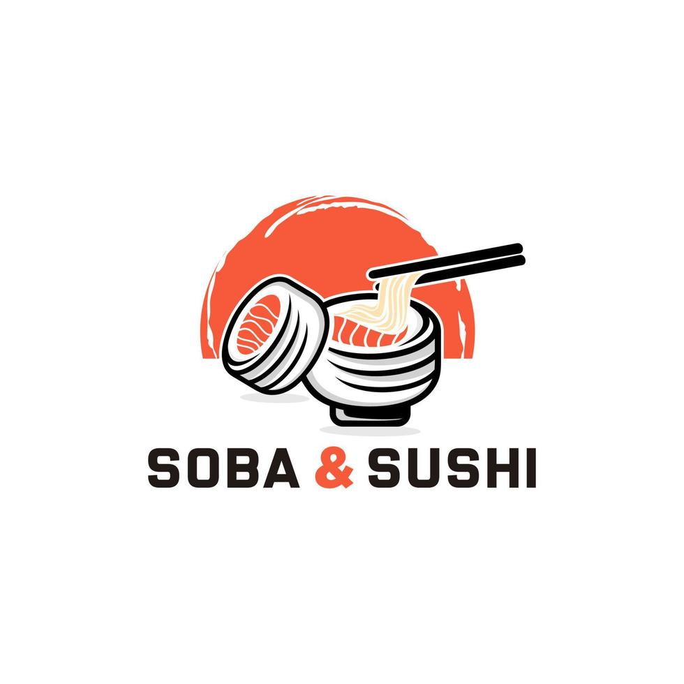 soba e Sushi logo design con salmone Sushi giapponese cibo bar vettore