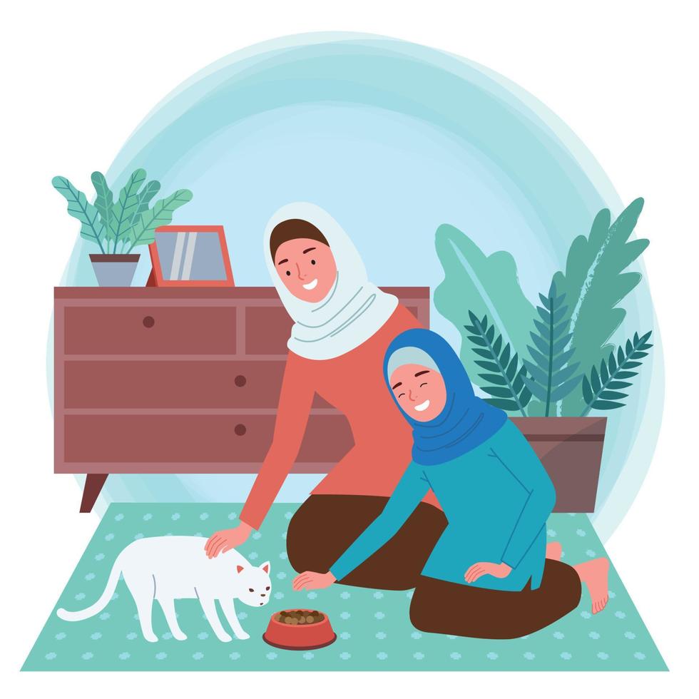 illustrazione di un' musulmano madre e musulmano bambino chi è alimentazione un' gatto e accarezzando esso dentro loro vivente camera. vettore