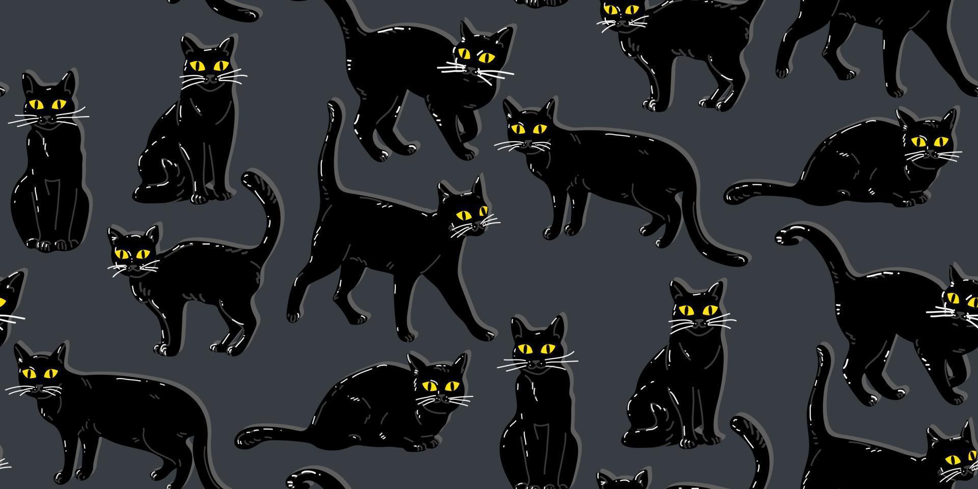 senza soluzione di continuità modello con un' Halloween nero gatto con giallo occhi. un' piatto cartone animato gatto nel retrò stile è seduta, in piedi. un arrabbiato, insoddisfatto, accigliato animale. nero gatti su blu. Stampa vettore