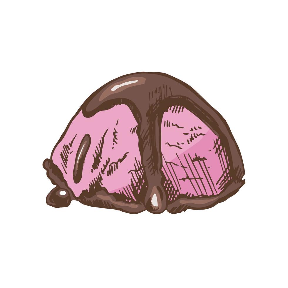 un' disegnato a mano colorato schizzo di ghiaccio crema notizia in anticipo con cioccolato salsa. Vintage ▾ illustrazione. elemento per il design di etichette, confezione e cartoline. vettore