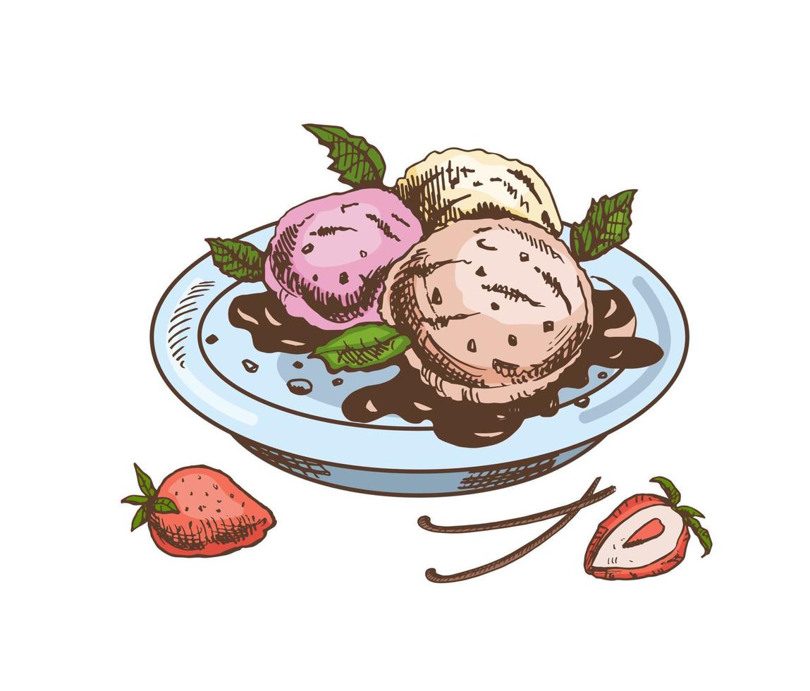 un' disegnato a mano colorato schizzo di un ghiaccio crema palle nel un' piatto con cioccolato salsa, vaniglia baccelli, fragole. Vintage ▾ illustrazione. elemento per il design di etichette, confezione e cartoline. vettore