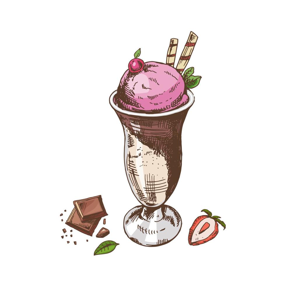 un' disegnato a mano colorato schizzo di ghiaccio crema palle nel un' tazza, pezzi di cioccolato, fragola. Vintage ▾ illustrazione. elemento per il design di etichette, confezione e cartoline. vettore