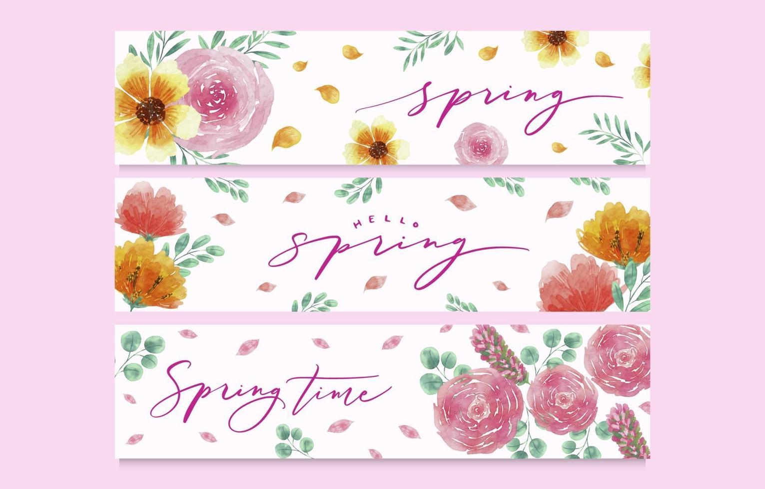 acquarello ciao primavera banner con fiori e foglie vettore