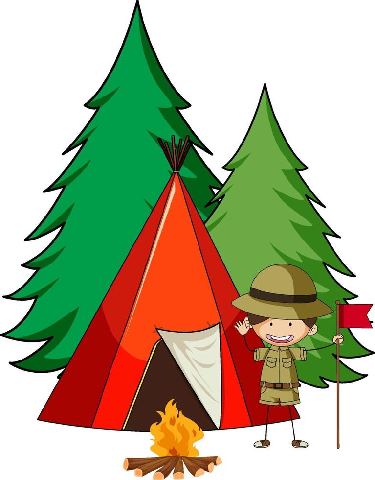 tenda da campeggio con doodle kids personaggio dei cartoni animati isolato vettore