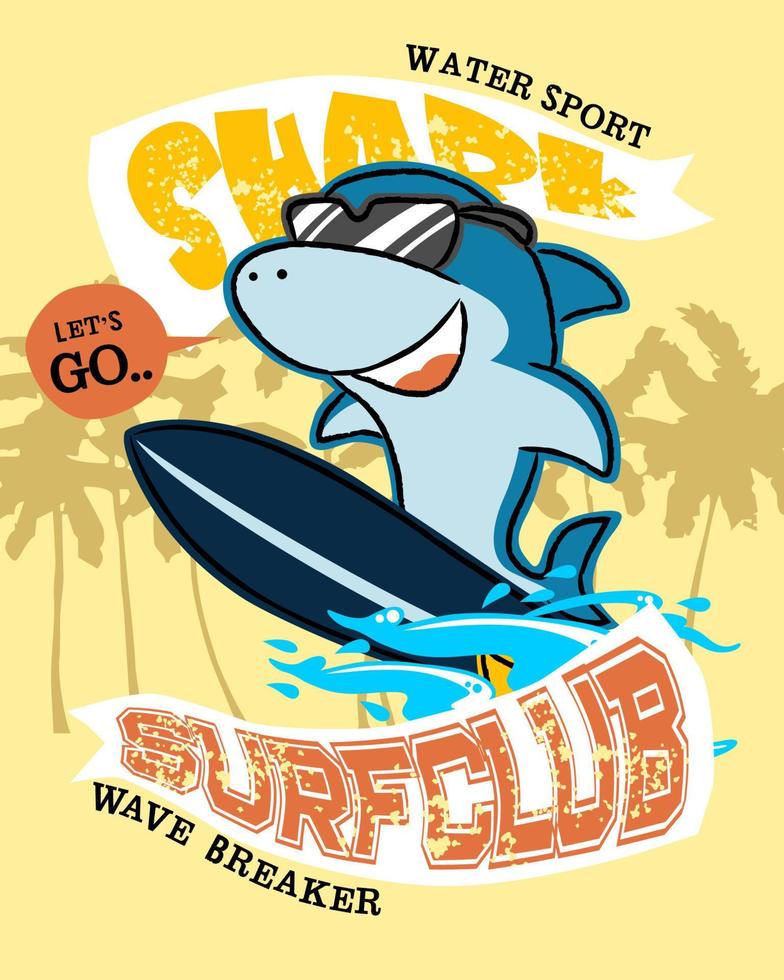 freddo squalo cartone animato nel occhiali fare surf su palma albero sfondo, t camicia grafica elemento vettore