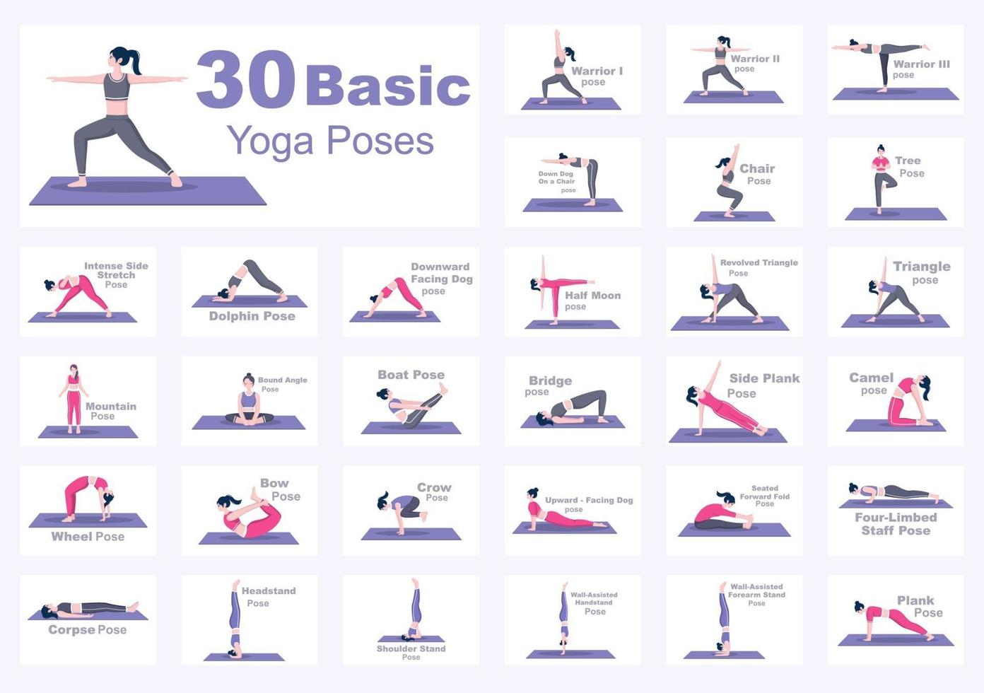 30 pose di yoga e illustrazione di esercizi di fitness vettore