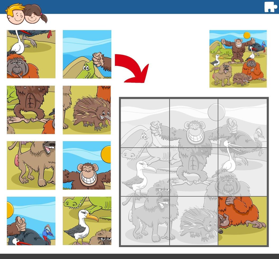 gioco di puzzle con divertenti personaggi di animali selvatici vettore