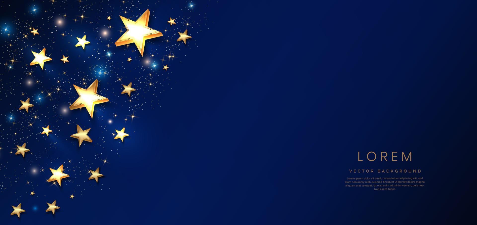 astratto lusso d'oro stelle su buio blu sfondo con illuminazione effetto e scintillio. vettore