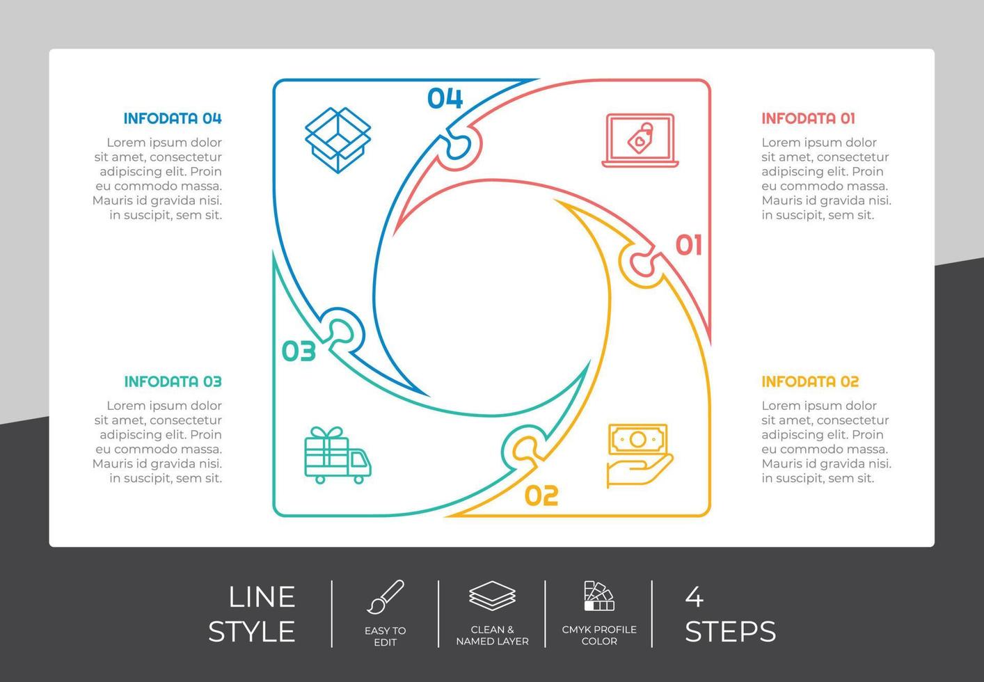 4 passaggi di piazza Infografica vettore design con linea concetto per marketing. processi Infografica può essere Usato per attività commerciale e marketing.