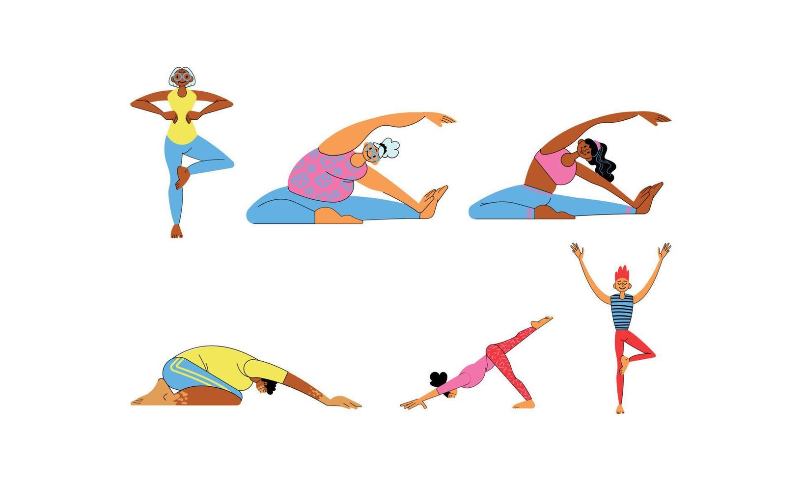 impostato di donne praticante yoga nel diverso pose su bianca sfondo vettore illustrazione design