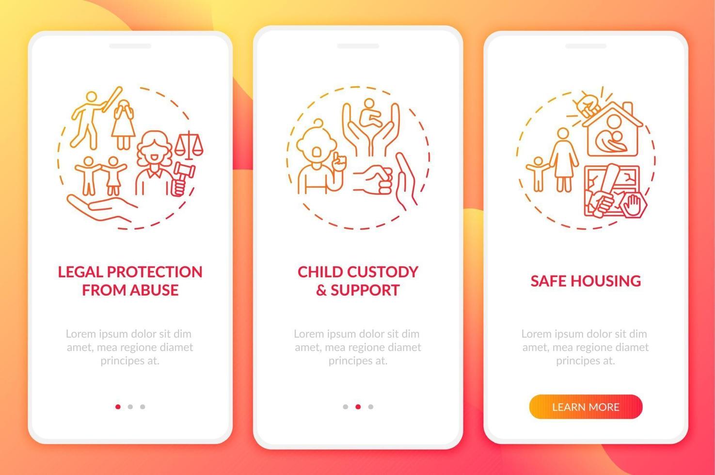 i sopravvissuti alla violenza domestica supportano l'onboarding della schermata della pagina dell'app mobile con concetti vettore