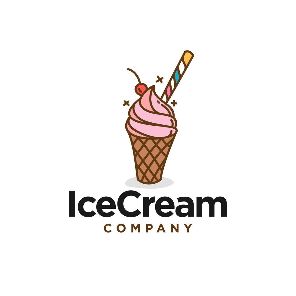 fragola ghiaccio crema logo design. carino rosa ghiaccio crema con ciliegia e caramella logo cartone animato etichetta illustrazione. bevanda gelato scoop dolce con colorato cannuccia clip arte vettore