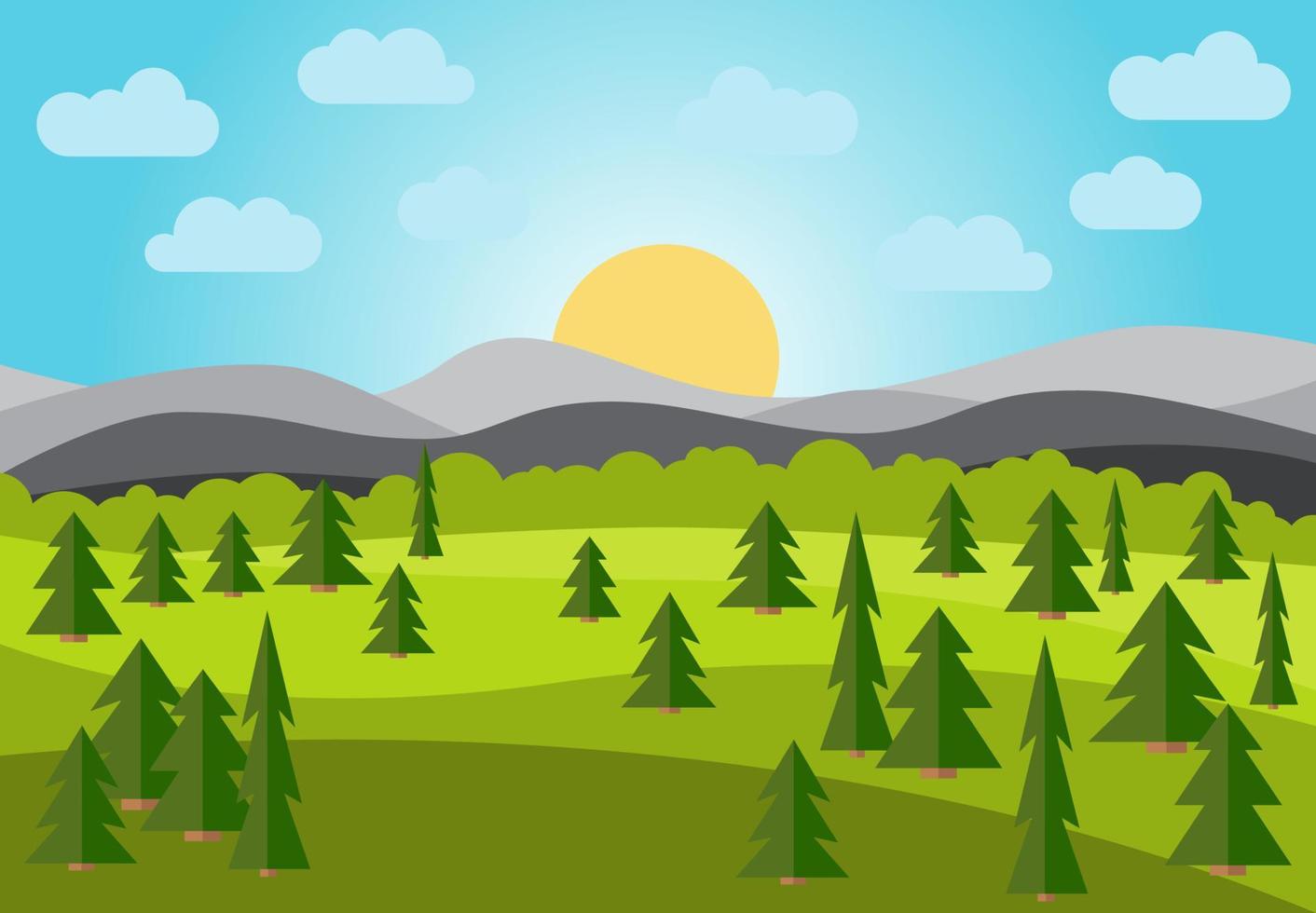 vettore paesaggio con campo, alberi e montagne. presto mattina con il crescente di il sole su il orizzonte. vettore illustrazione.