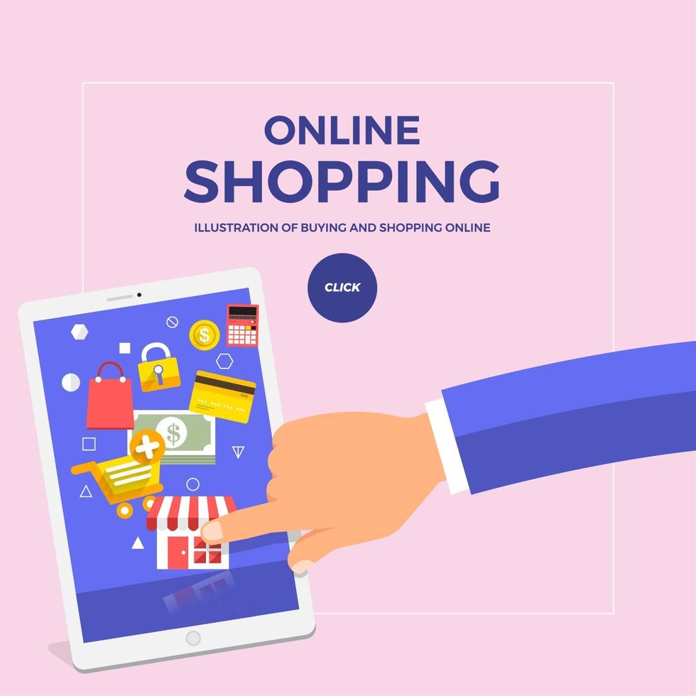 concetto di design piatto shopping online con il dito push mobile. vettore illustrano.