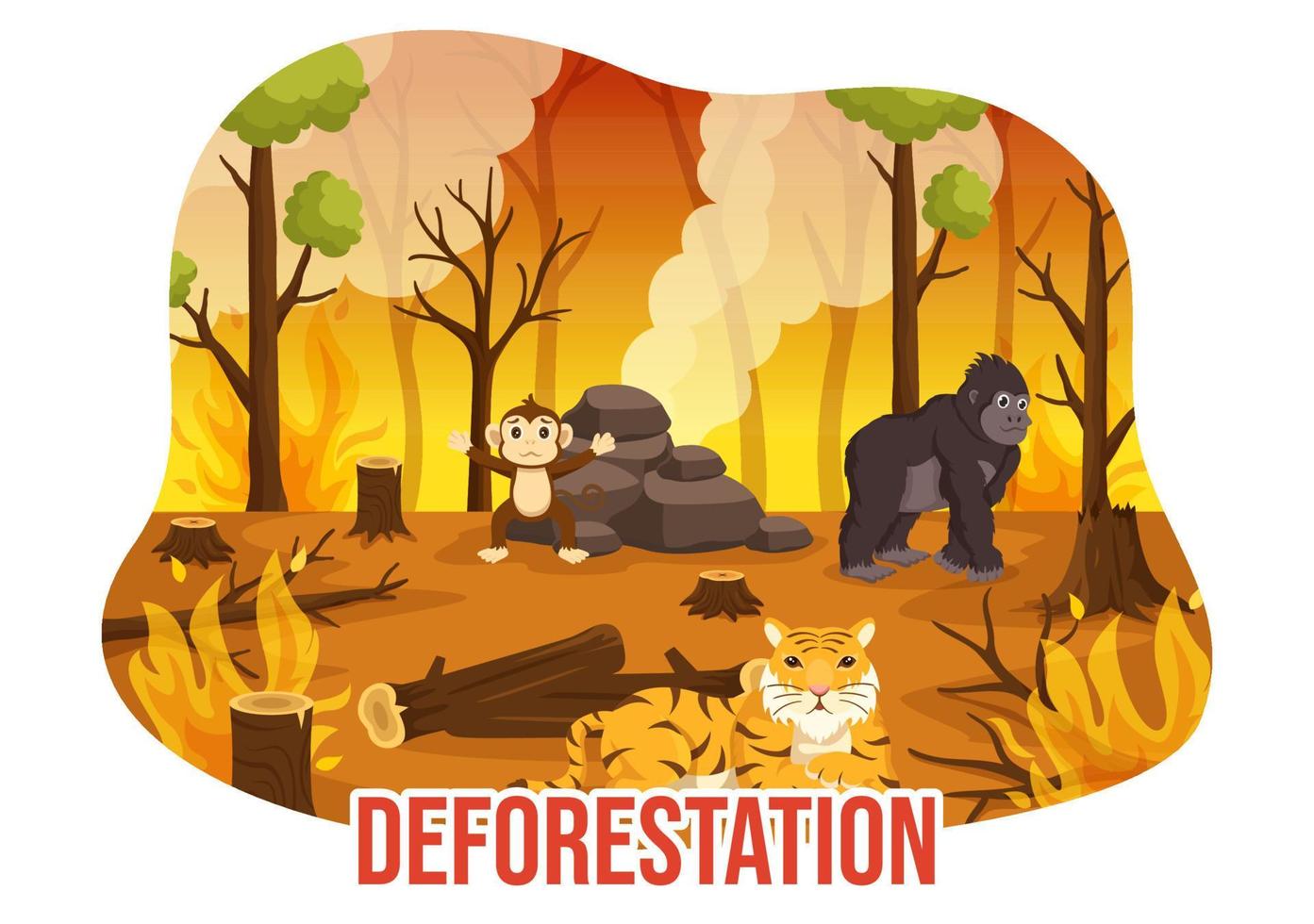 la deforestazione illustrazione con albero nel il abbattuto foresta e ardente in inquinamento causando il estinzione di animali nel cartone animato mano disegnato modelli vettore