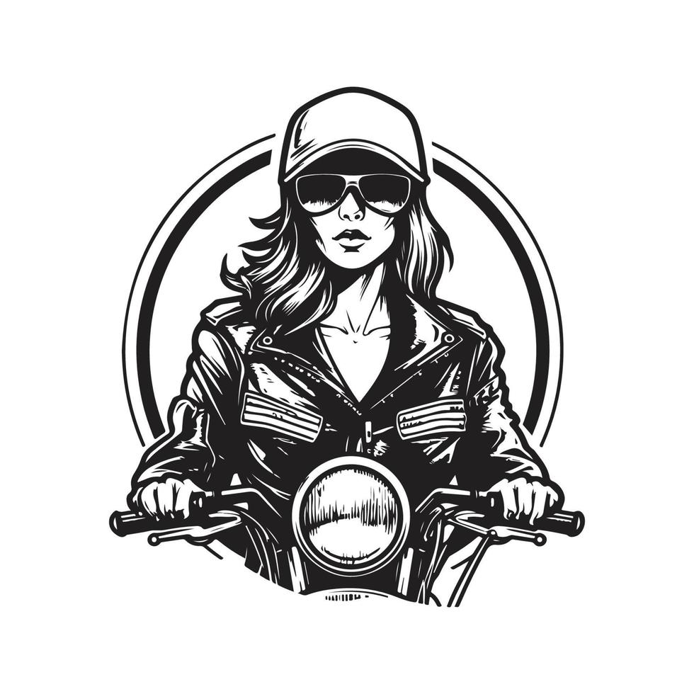 cazzuto motociclista ragazza, logo concetto nero e bianca colore, mano disegnato illustrazione vettore