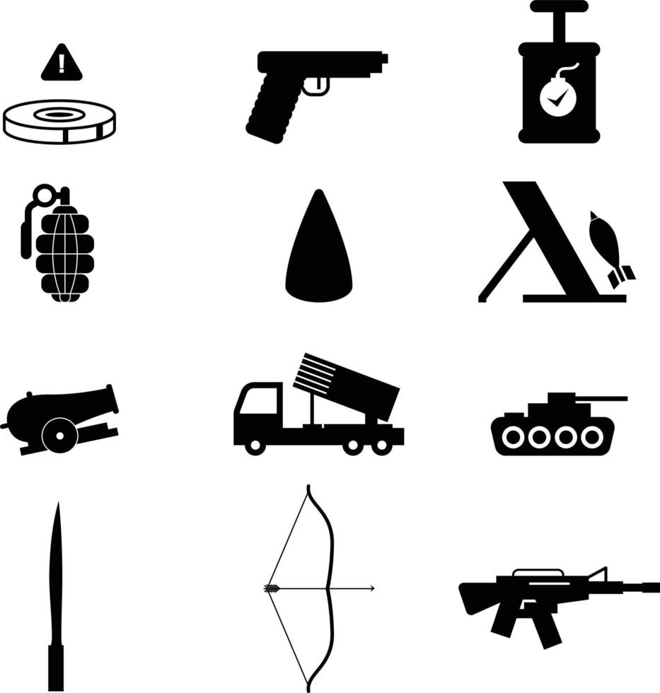militare vettore icone impostare, esercito terra guerra o terra guerra clip arti nero e bianca vettore illustrazioni