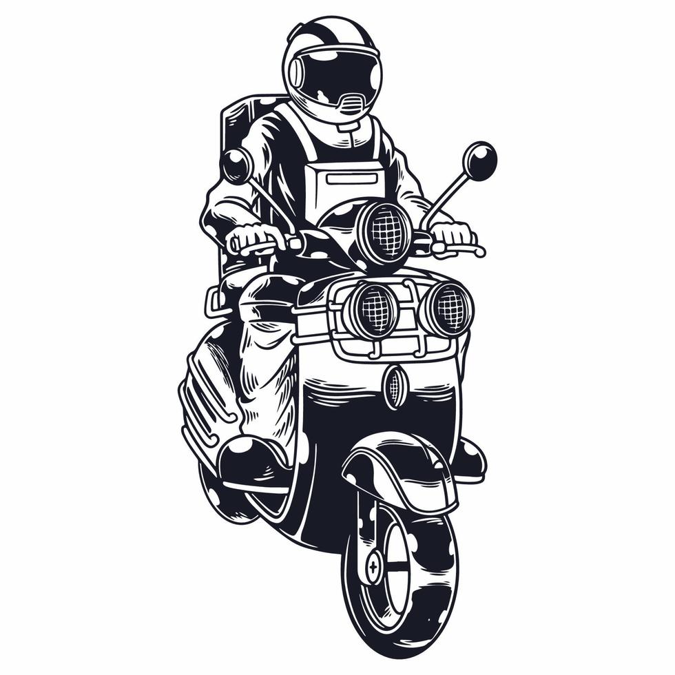 astronauta in sella a uno scooter in stile monocromatico isolato illustrazione vettoriale. astronauta motociclista cavalca moto. stampa per t-shirt e un altro design di abbigliamento alla moda. illustrazione vettoriale infantile