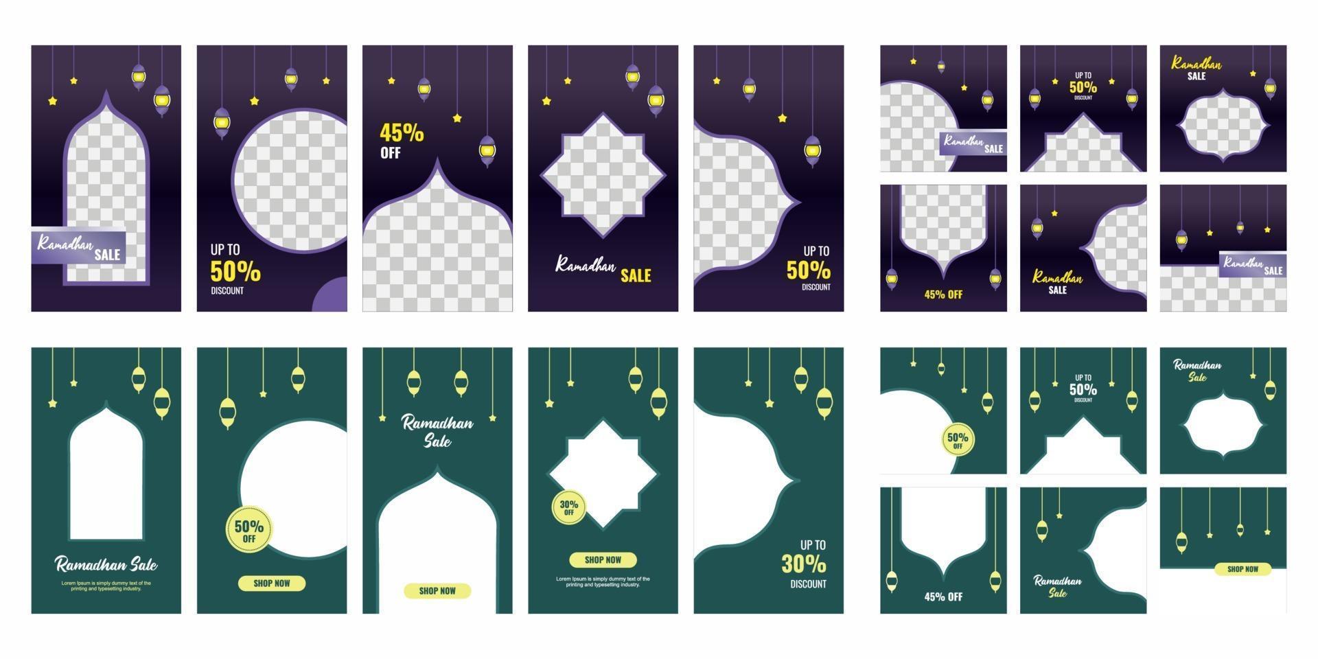 set di ramadan kareem in vendita social media post template banner design con ornamento stella, luna, moschea e sfondo lanterna. stagione del ramadan e dell'eid. illustrazione vettoriale con foto college