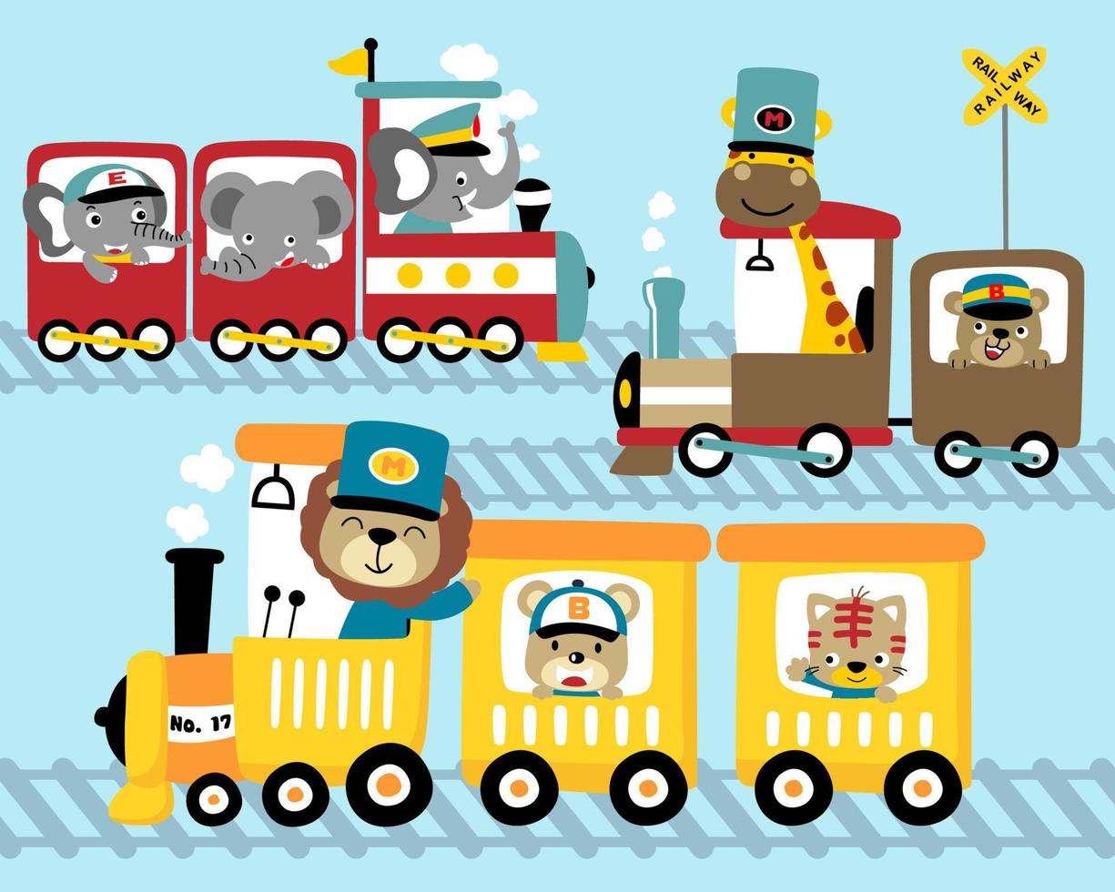 vettore impostato di vapore treno cartone animato con divertente animali