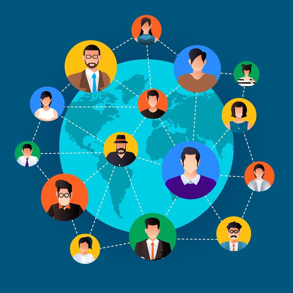 rete sociale di concetto di design piatto. persone che si connettono in tutto il mondo con l'icona di linea e avatar. vettore illustrano.