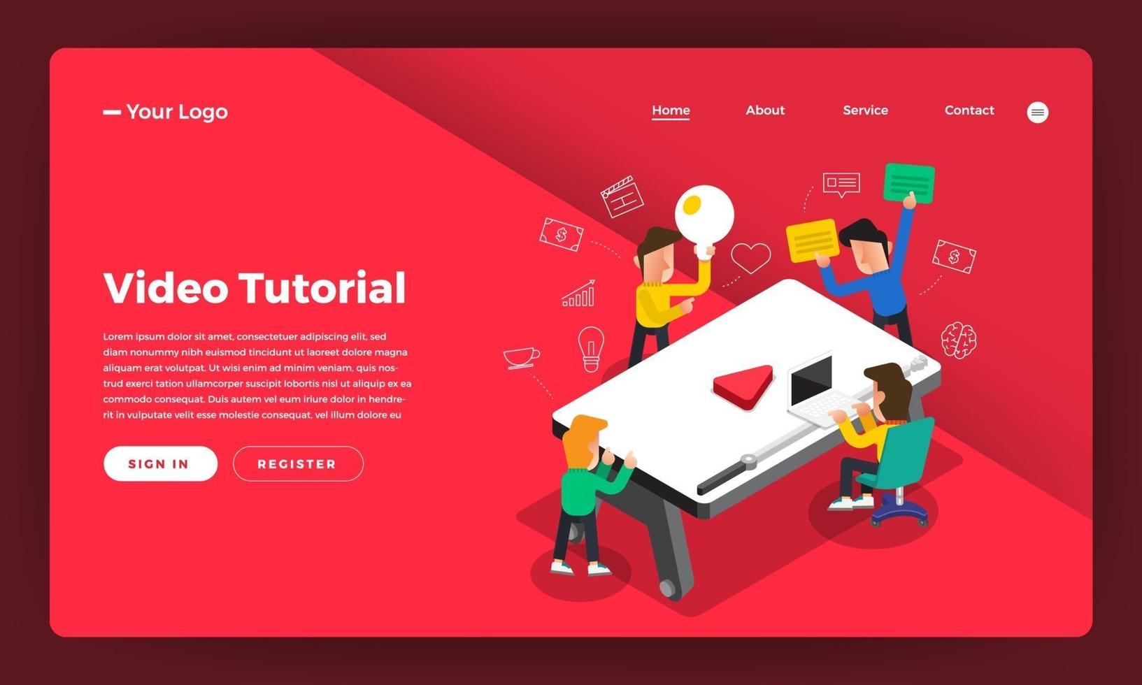 tutorial video di concept design piatto sito Web di design mock-up. illustrazione vettoriale. vettore