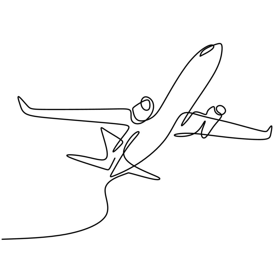 una linea che disegna un aereo. il volo aereo passeggeri nel cielo isolato su sfondo bianco. affari e turismo, concetto di viaggio aereo. illustrazione di aeromobili vettoriale in design minimalista