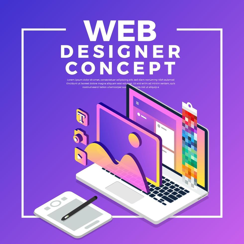 web designer di concetto di design piatto isometrico. illustrazione vettoriale. progettazione del layout del sito Web. vettore