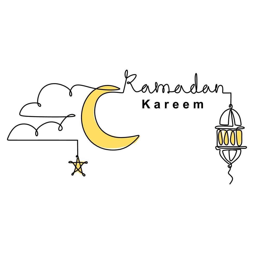 disegno a tratteggio continuo della decorazione islamica con lanterna, stella, luna e scritte. festa tradizionale musulmana. linea arte disegnata a mano del concetto di biglietto di auguri di ramadan kareem. illustrazione vettoriale