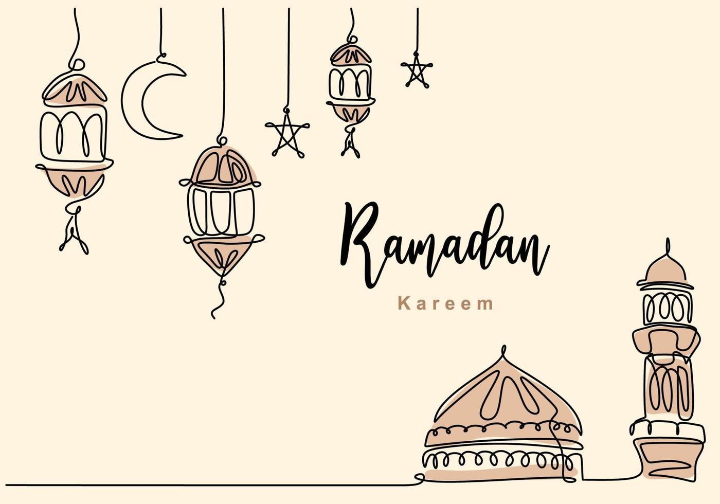 disegno continuo di una linea della moschea islamica con lanterna tradizionale appesa, stella e mezza luna. Ramadan Kareem biglietto di auguri, banner e poster design in sfondo bianco. illustrazione vettoriale