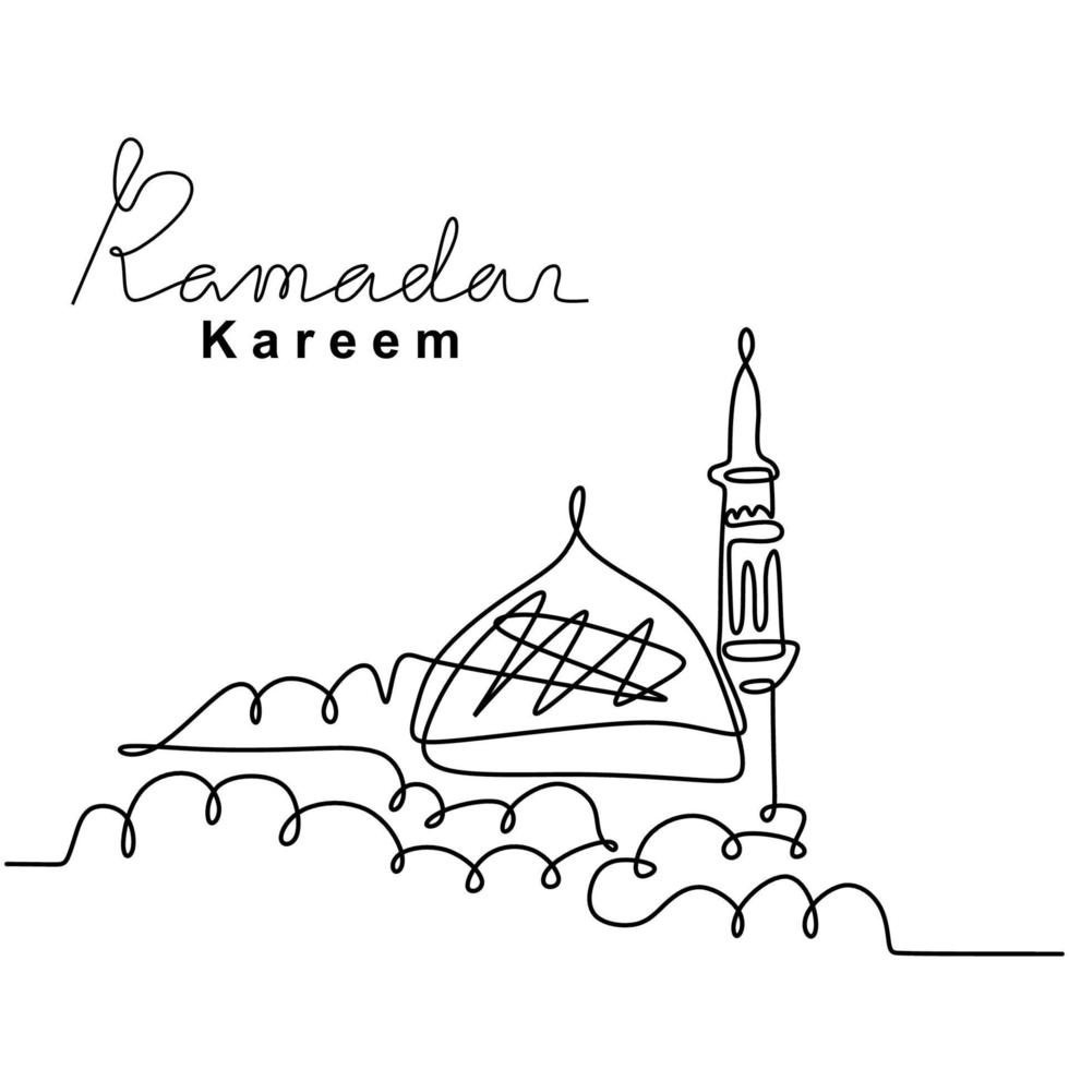 un disegno a tratteggio continuo della moschea islamica, lettere scritte a mano di ramadan kareem. felice eid mubarak, eid fitr. religione musulmana festa celebrazione stile minimalismo arte linea disegnata a mano vettore