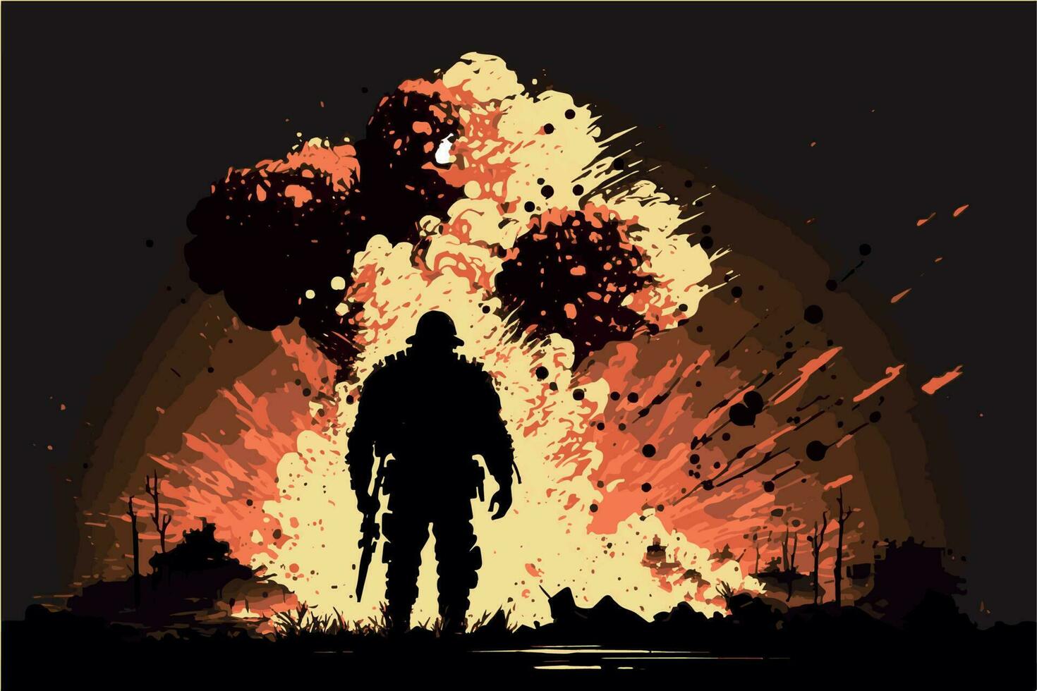 silhouette di soldato su campo di battaglia. warzone. militare uomo su desolato la zona. vettore illustrazione