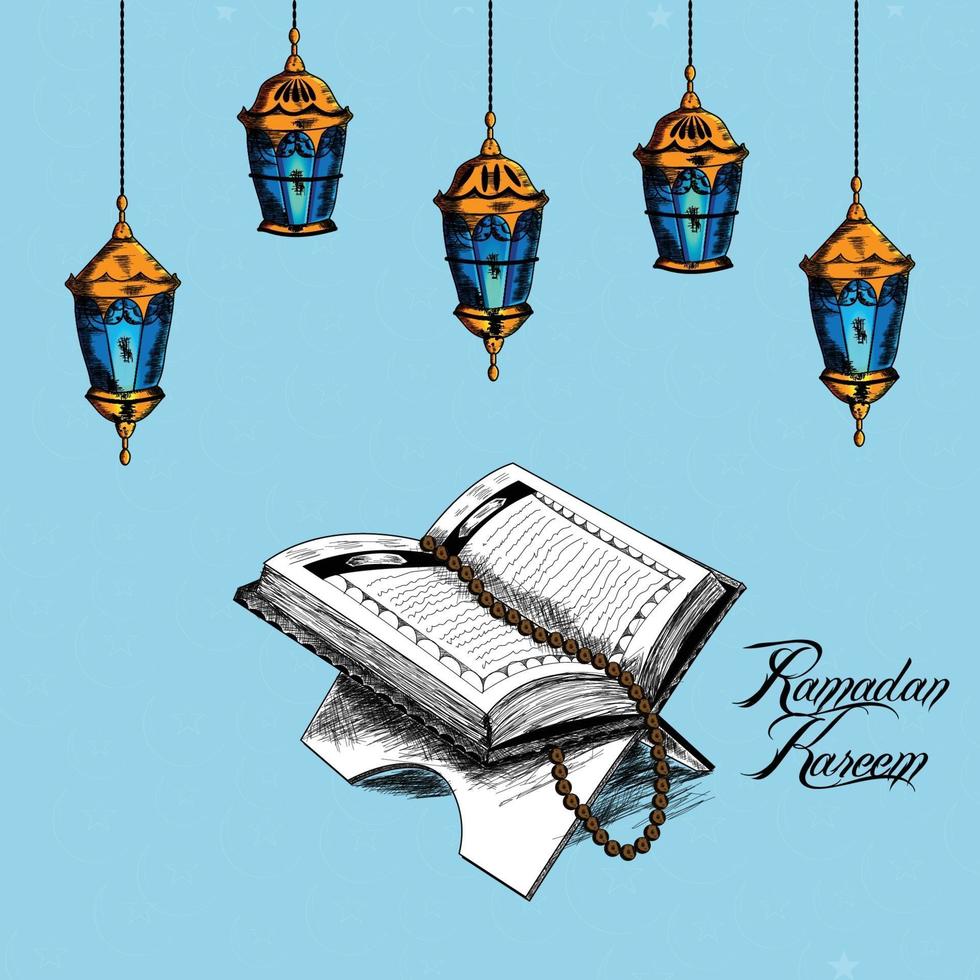 mano disegnare elemento di ramadan mubarak con libro sacro islamico corano vettore