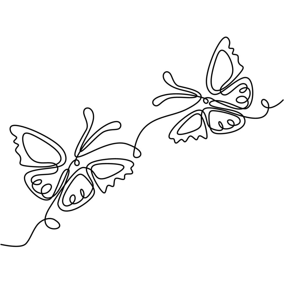 farfalla un disegno a tratteggio continuo. bella coppia di farfalle sta volando insieme nell'aria. tema romantico isolato su sfondo bianco. simbolo di amore e San Valentino. stile minimalista di vettore