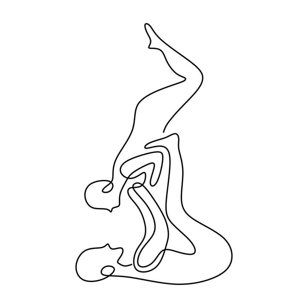 disegno a tratteggio continuo delle coppie che fanno yoga posa. uno in piedi con le mani sopra le mani degli altri. meditazione per tema di vita sana. yoga per coppia isolato su sfondo bianco. vettore