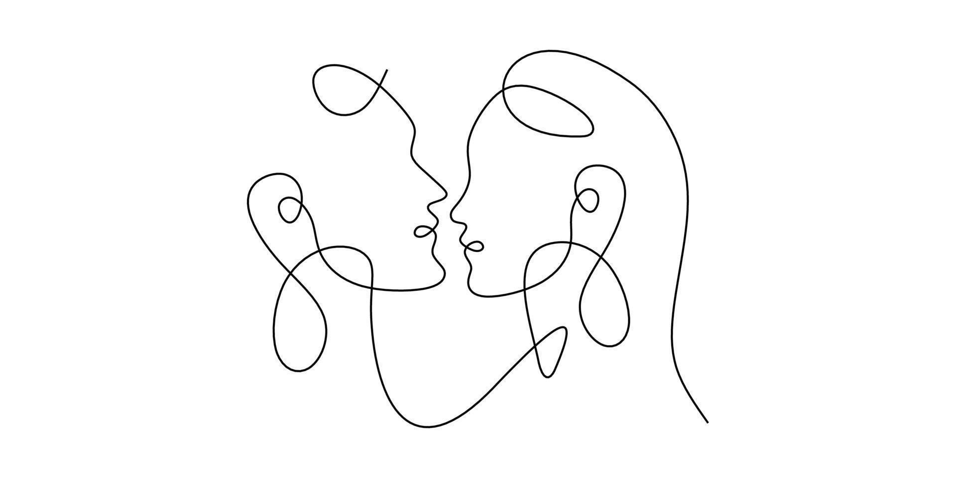 una singola linea tracciata continua che bacia amore, coppia, bacio, uomo, donna, amante, viso. immagine isolata contorno disegnato a mano sfondo bianco. vettore