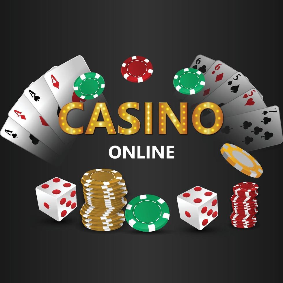 gioco d'azzardo online del casinò con carte da gioco con dadi da poker e monete d'oro vettore