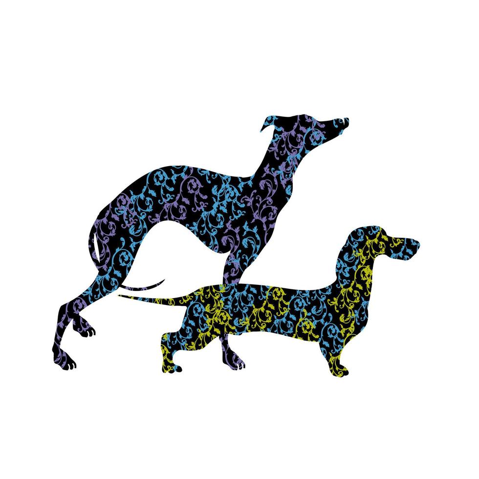 un' silhouette di un' paio di cani. cani razza bassotto e levriero vettore
