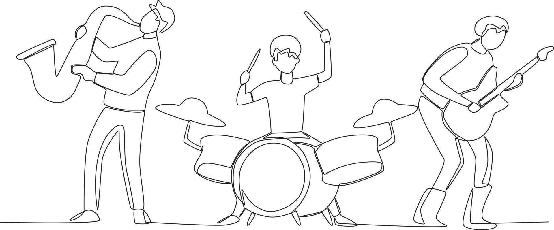 tre musicisti l'esecuzione su il musica gruppo musicale una linea disegno vettore