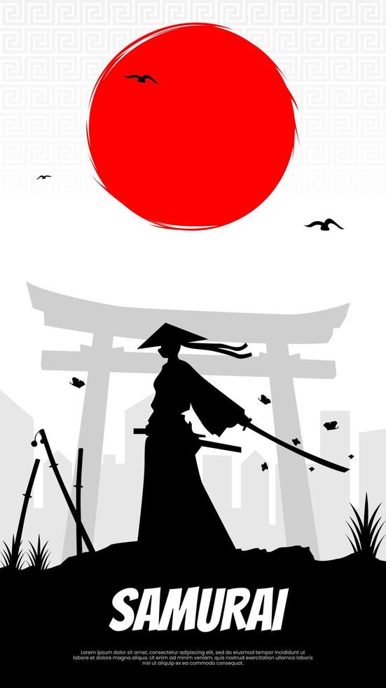 samurai con rosso Luna sfondo. un' silhouette di un' samurai con un' rosso Luna dietro a esso. giapponese samurai guerriero con un' spada. giapponese tema sfondo per Telefono. verticale tenere sotto controllo sfondo. vettore