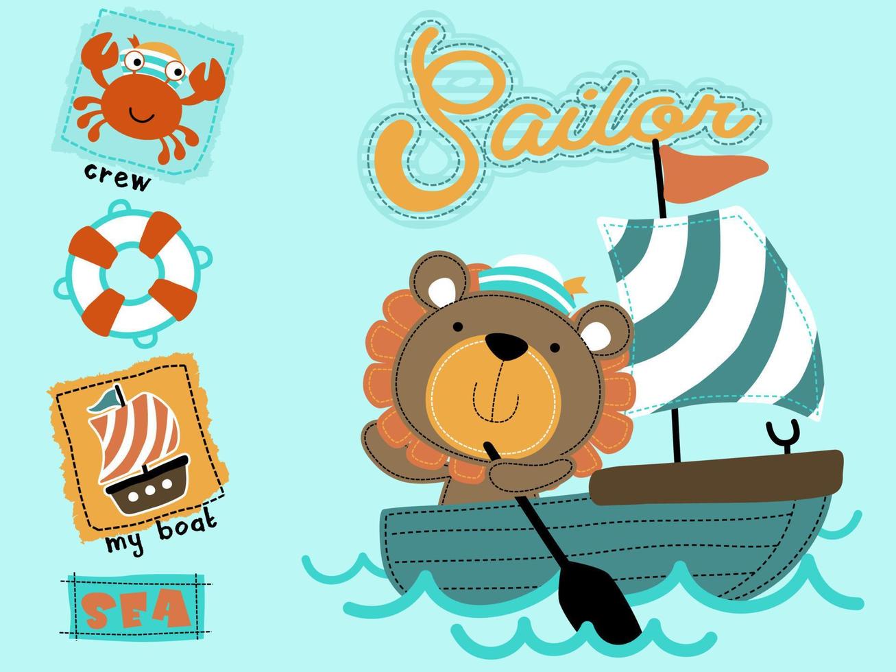 carino Leone cartone animato su barca a vela con poco granchio, andare in barca elemento illustrazione vettore