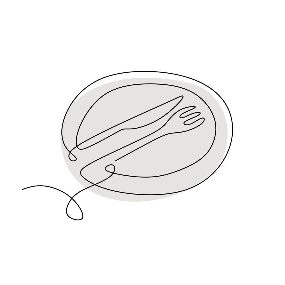 un piatto in fila continua, coltello e forchetta. simbolo di cibo. segno di piatto, coltello e forchetta. minimalismo disegnato a mano una linea arte minimalista illustrazione vettoriale. tema della cena con schizzo creativo. vettore