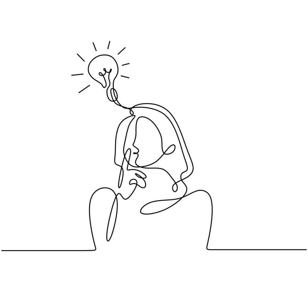 continua una linea tracciata di una donna che pensa con la lampadina sopra la sua testa. allegoria della soluzione e della ricerca creativa. concetto di minimalismo di idea e creatività. vettore