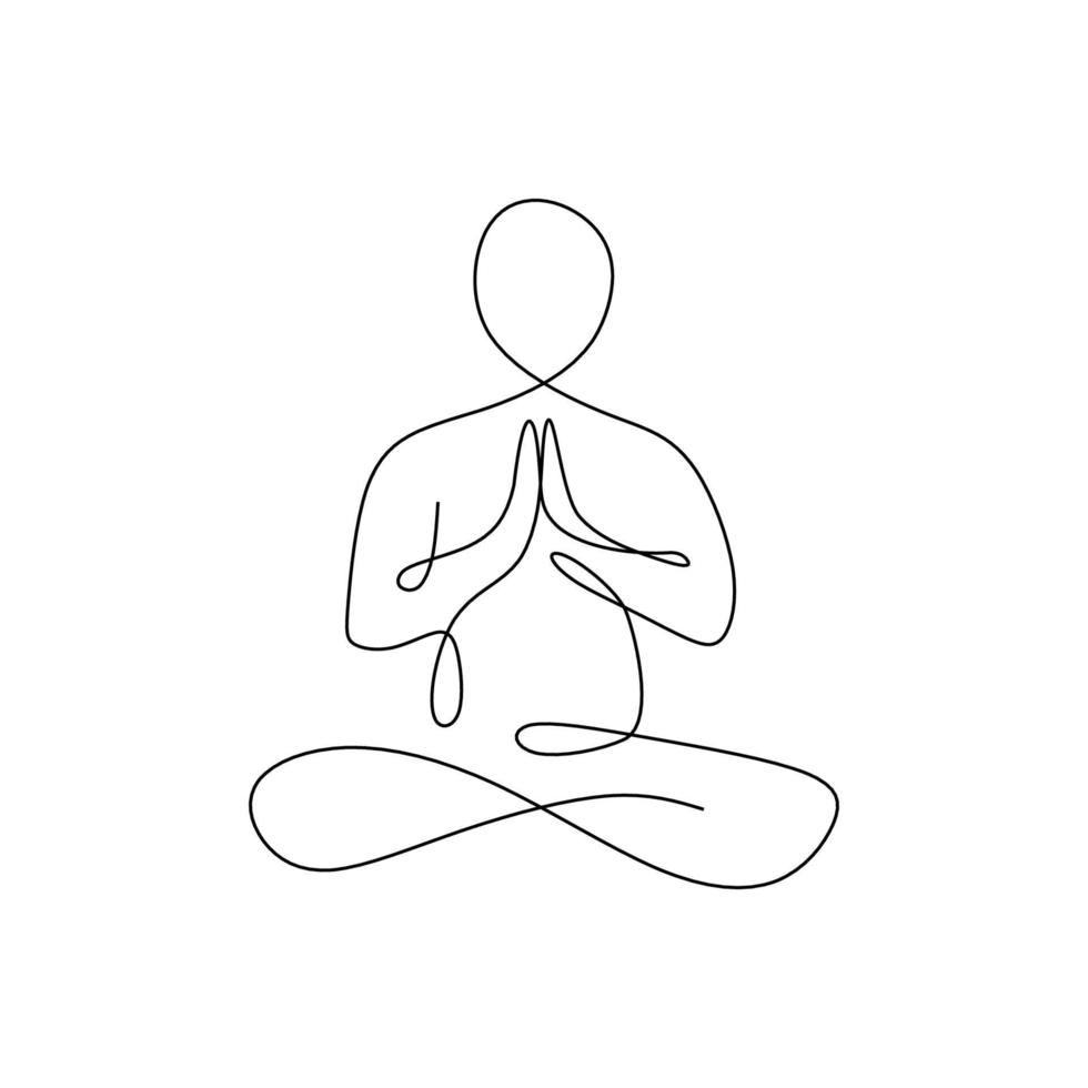 disegno continuo di una linea. uomo seduto a gambe incrociate meditando. disegno a tratteggio continuo dell'illustrazione di salute di vettore di concetto di yoga di forma fisica delle donne